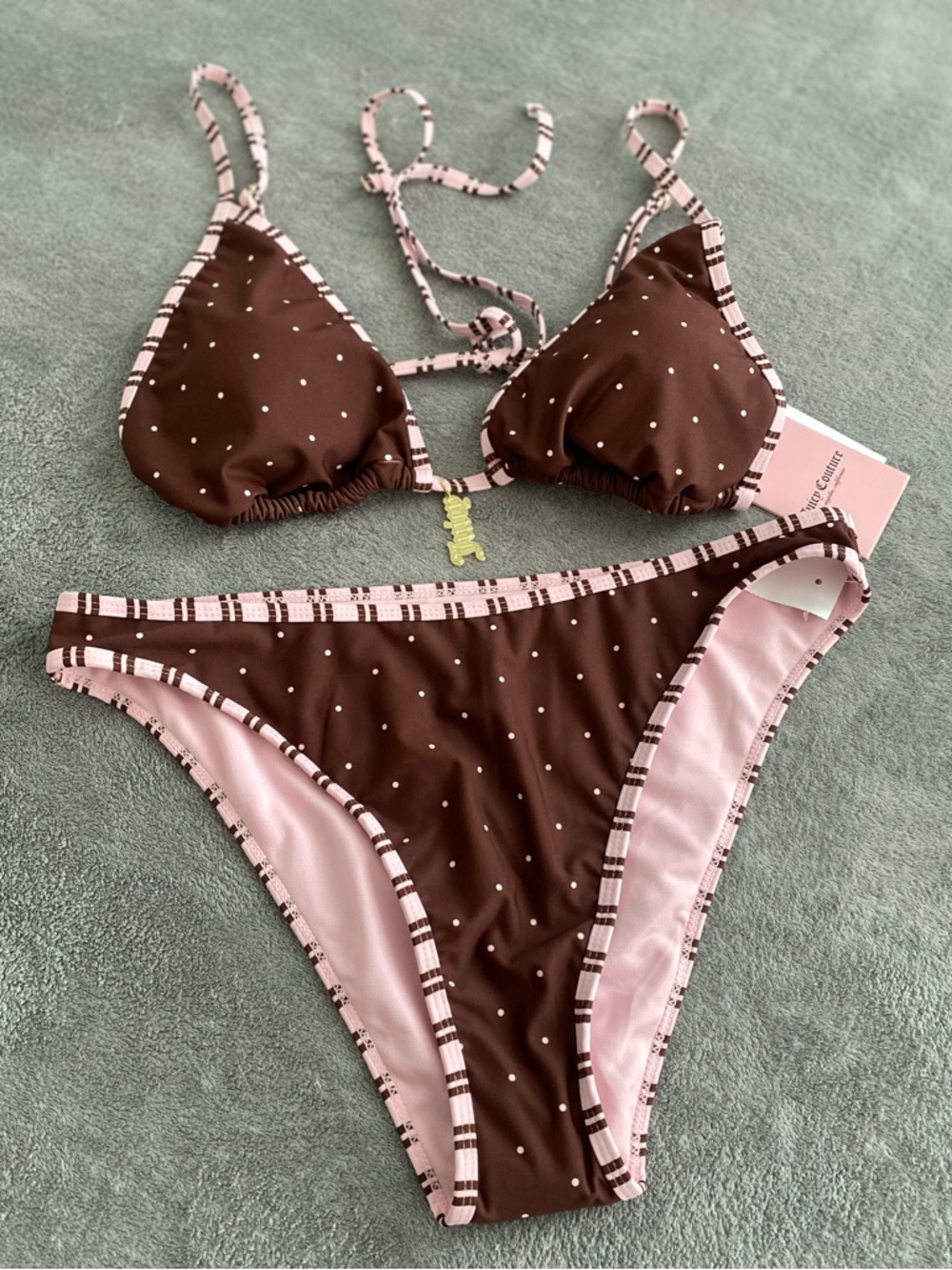 Juicy Couture Brown Pink Polka Dot Bikini Set XL NWT